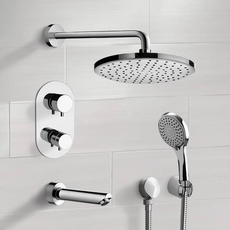 Tub and Shower Faucet, Remer TSH45-8, Chrome Thermostatic Tub and Shower System with 8 Inch Rain Shower Head and Hand Shower